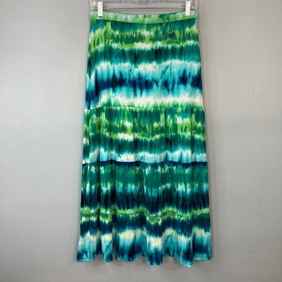 CHICO'S Bright Green Blue Striped Tie Dye Tiered Maxi Skirt Elastic Waist Size S - Picture 4 of 12